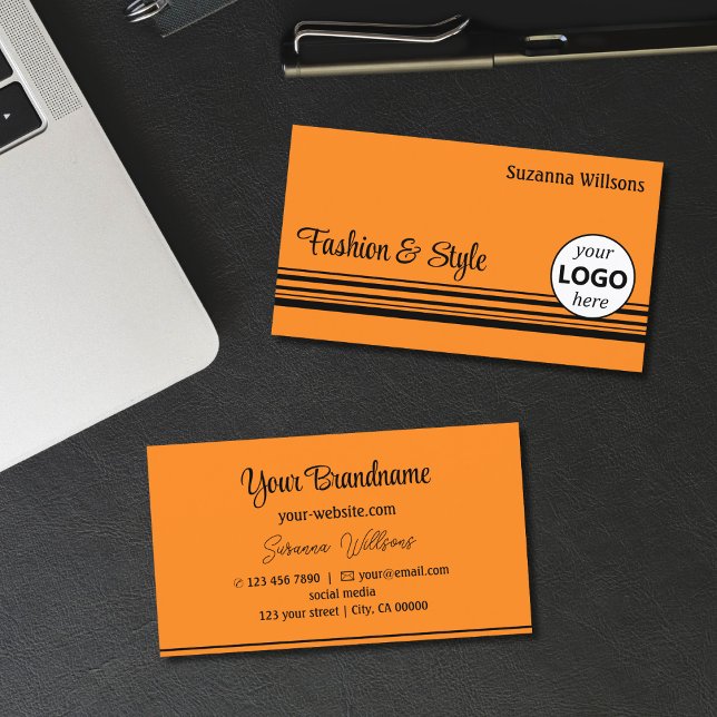 Carte De Visite Bandes noires orange avec logo professionnel (Créateur téléchargé)