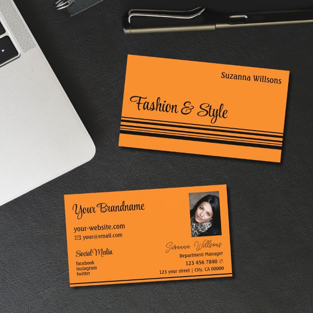 Carte De Visite Bandes noires orange avec professionnel photo (Créateur téléchargé)