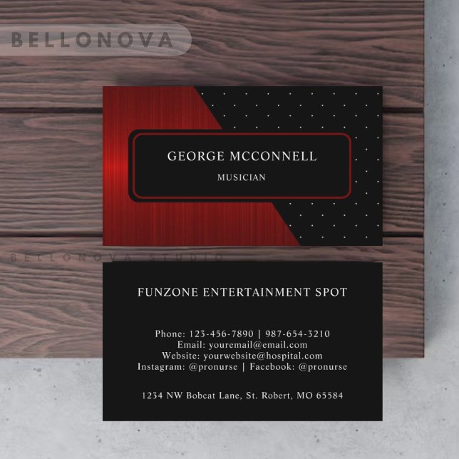 Carte De Visite Bandes rouges personnalisées noir blanc Polka Dot  (Custom Red Stripes Black White Polka Dot Monogram Business Card)