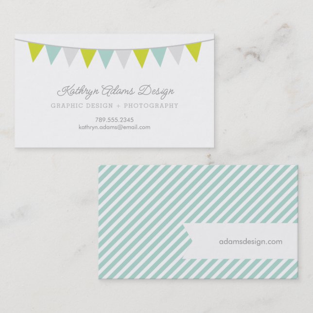Carte De Visite Bannière de Bunting vert et Aqua (Devant / Derrière)