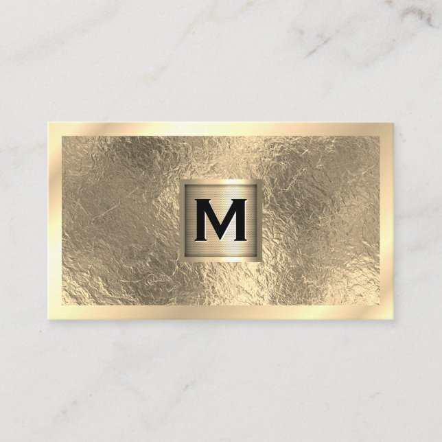 Carte De Visite Bannière de monogramme métallique | Bordure d'or | (Devant)
