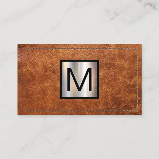 Carte De Visite Bannière métallique monogramme | Cuir Brown pointu (Devant)