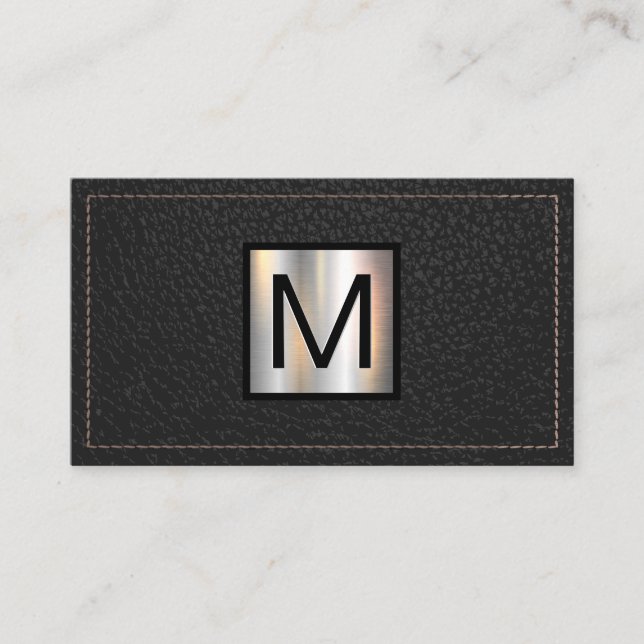 Carte De Visite Bannière métallique monogramme | Cuir noir pointu (Devant)