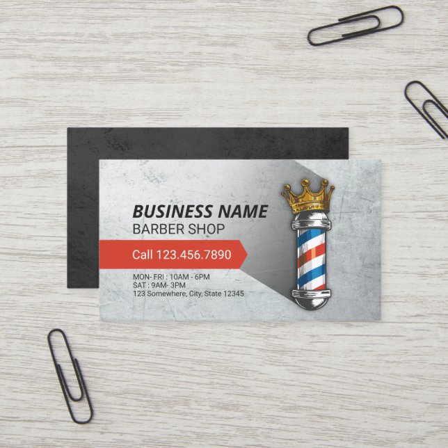 Carte De Visite Barber Hair Shop Royal Crown Barber Pole Code QR (Devant/Arrière en situation)