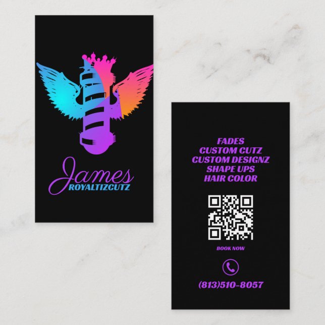 Carte De Visite Barber Shop Crown Wings Neon Logo Professionnel (Devant / Derrière)
