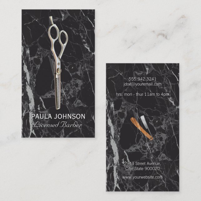 Carte De Visite Barber Shop | Marbre noir | Ciseaux (Devant / Derrière)