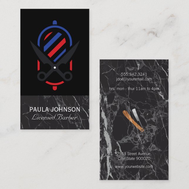 Carte De Visite Barber Shop | Marbre noir | Ciseaux (Devant / Derrière)