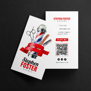 Carte De Visite Barber Shop Pole en barbier rouge Barbier Code QR