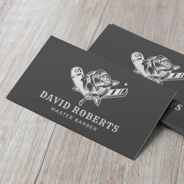 Carte De Visite Barber Shop Razor & Logo Rose Barbershop (Créateur téléchargé)