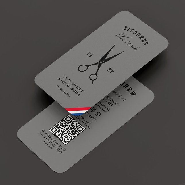 Carte De Visite Barbershop Moderne Gris Rouge Bleu Blanc Barbier (Barbershop Modern Grey Red Blue White Barber Business Card
)