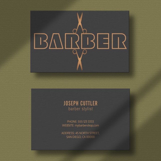 Carte De Visite Barbershop moderne logo en cuivre script gris (Créateur téléchargé)