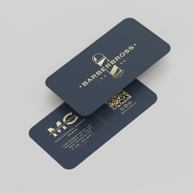 Carte De Visite Barbier moderne Poteau en barbier Bleu foncé Or (Modern Barbershop Barber Pole Dark Blue Gold Business Card
)