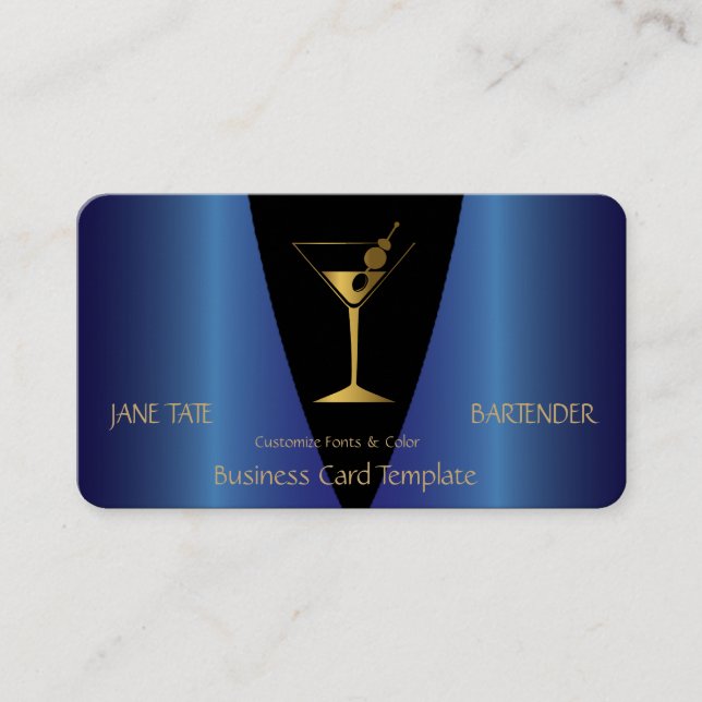 Carte De Visite Barman métallique bleu or classique (Devant)