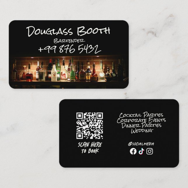 Carte De Visite barman professionnel | Noir moderne (Devant / Derrière)