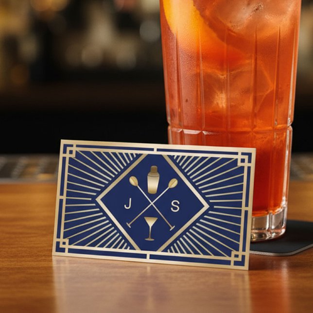 Carte De Visite Bartender Bar Club Modern Marine Blue Gold Art Déc (Créateur téléchargé)