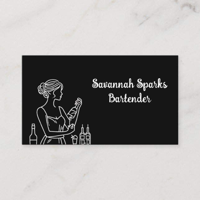 Carte De Visite Bartender professionnel féminin noir et blanc (Devant)