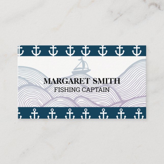 Carte De Visite Bateau à voile dans les vagues Stylisé | Ancres (Devant)