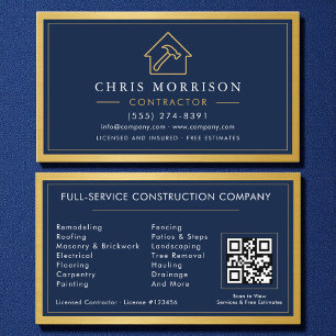 Carte De Visite Bâtiment Construction Marine Bleu Or Métal QR Code