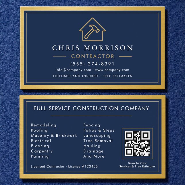 Carte De Visite Bâtiment Construction Marine Bleu Or Métal QR Code (Créateur téléchargé)