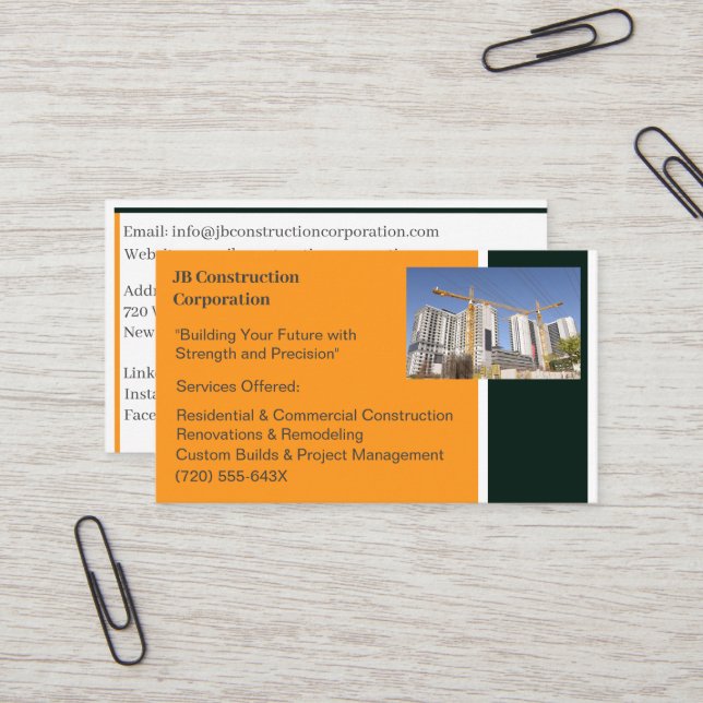 Carte De Visite Bâtiments Entrepreneur Bâtiment Grue de constructi (Devant/Arrière en situation)