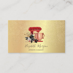 Carte De Visite Batteur Floral Rouge Gold Confetti Bakery