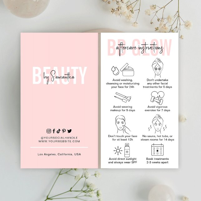 Carte De Visite BB Glow Facial Instructions de soins postérieurs S (Modern blush pink BB Glow Facial Treatment Aftercare Cards with care icons and space for your logo)