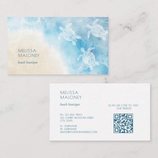 Carte De Visite Beach Style White Turtles Scan QR Code (Devant / Derrière)