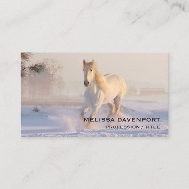 Carte De Visite Beau Cheval Blanc Courir dans la neige (Devant)