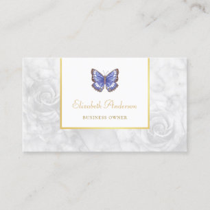 Carte De Visite Beau Papillon Bleu Élégant Marbre blanc Rose