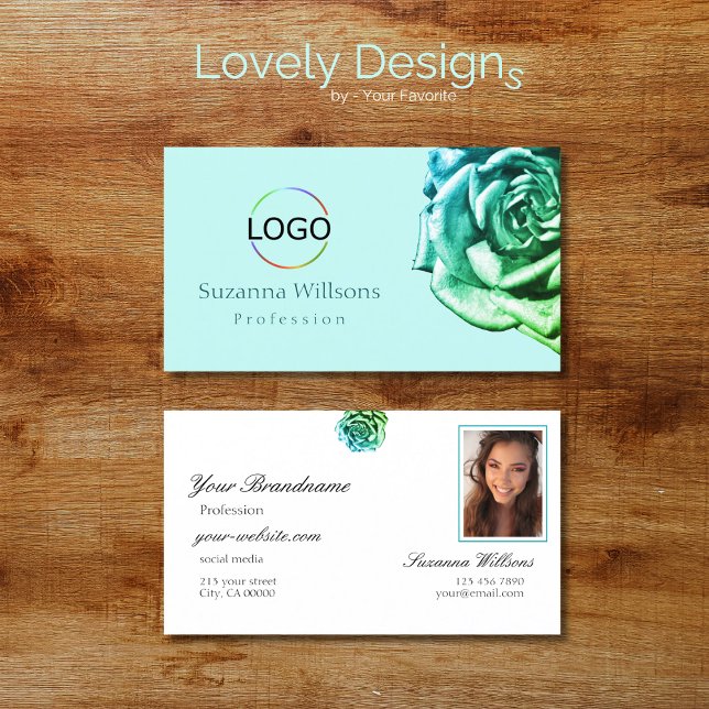 Carte De Visite Beau Rose sur Turquoise blanc clair avec logo phot (Créateur téléchargé)