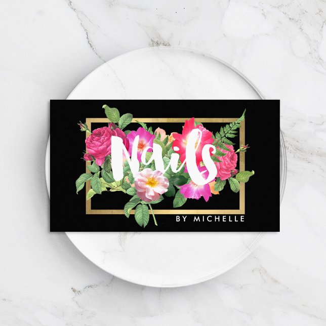Carte De Visite Beauté Florals Nail Salon Noir (Créateur téléchargé)