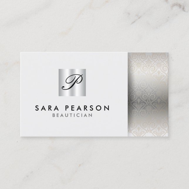 Carte De Visite Beauticier élégant monogramme argent Damask (Devant)