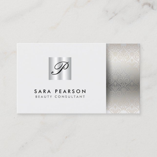Carte De Visite Beauty Consultant Elegant Argent Monogramme Damask (Devant)