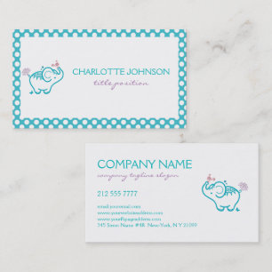 Carte De Visite Bébé Blanc Et Turquoise Eléphant Et Fleurs Busi