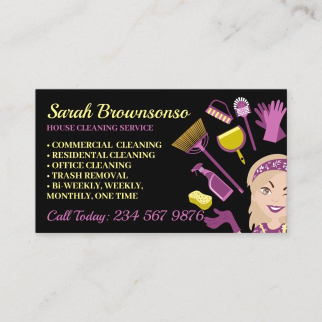 Carte De Visite Beige Blonde Coiffeuse femme Janitorial ménage (Devant)