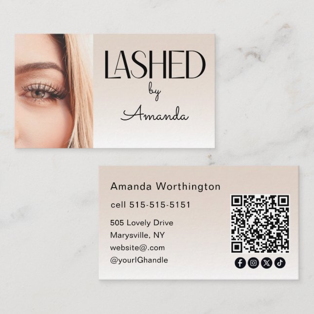 Carte De Visite Beige Blush Lashed Photo QR Code Social Icons (Devant / Derrière)