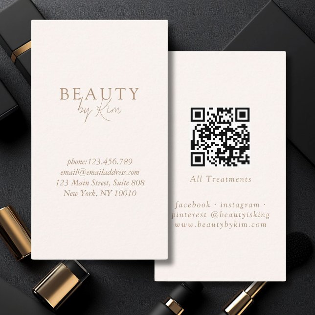 Carte De Visite Beige & Brown Minimal Élégant, Salon QR Code (Beige & Brown Minimal Elegant, Salon QR Code Business Card)