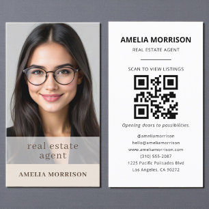 Carte De Visite Beige Mocha Agent immobilier QR Code Photo