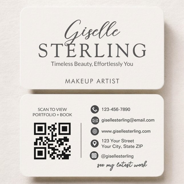 Carte De Visite Beige Neutral Makeup Artist QR Code (Créateur téléchargé)