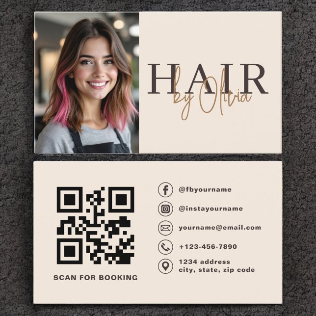 Carte De Visite Beige Neutral Photo QR Code Hair Stylist  (Créateur téléchargé)