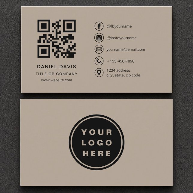Carte De Visite Beige Neutral Professional Company Logo Code QR (Créateur téléchargé)