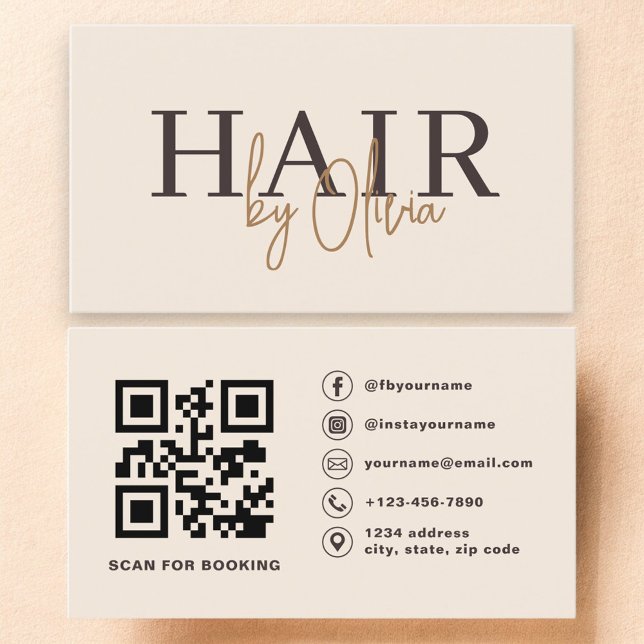 Carte De Visite Beige Neutral QR Code Hair Stylist Modern (Créateur téléchargé)
