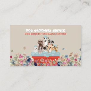 Carte De Visite Beige Rouge Chien Grooming Bain Lit Floral