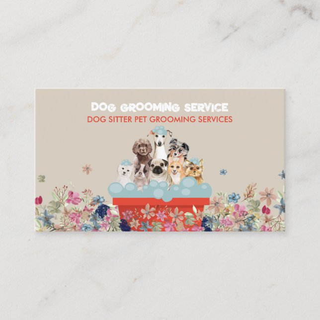 Carte De Visite Beige Rouge Chien Grooming Bain Lit Floral (Devant)