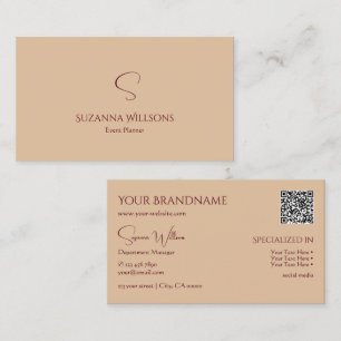 Carte De Visite Beige Tan clair moderne avec Monogramme et QR Code