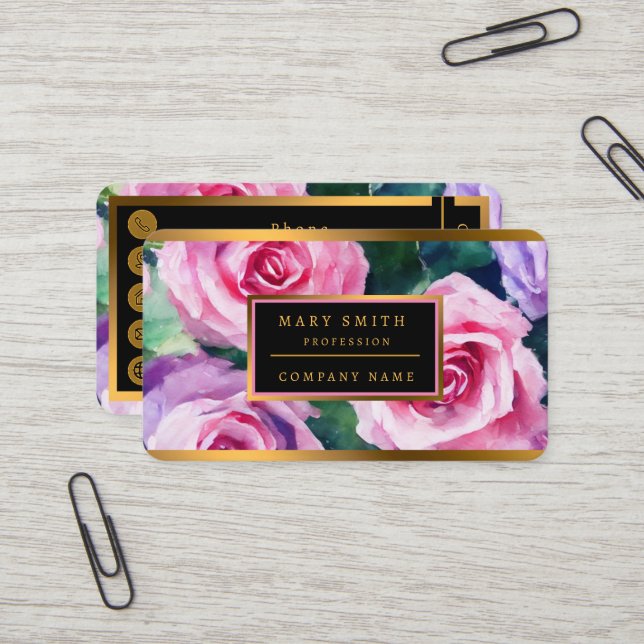 Carte De Visite Belle Aquarelle Rose Rose Collection Populaire (Devant/Arrière en situation)