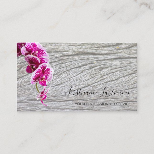Carte De Visite Belle fleur d'orchidée violette rose sur bois (Devant)