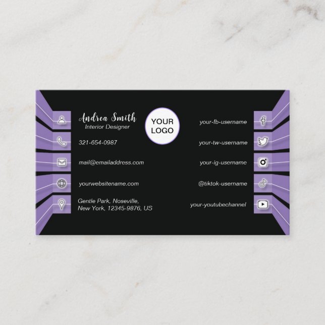Carte De Visite Belle violet noir médias sociaux Icônes minimes (Devant)