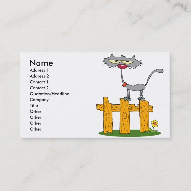 Carte De Visite bête chat gris debout sur une clôture caricature (Devant)