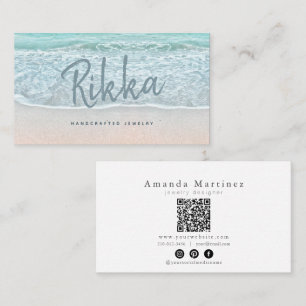 Carte De Visite Bijou fait main Turquoise Océan Plage Sableuse QR